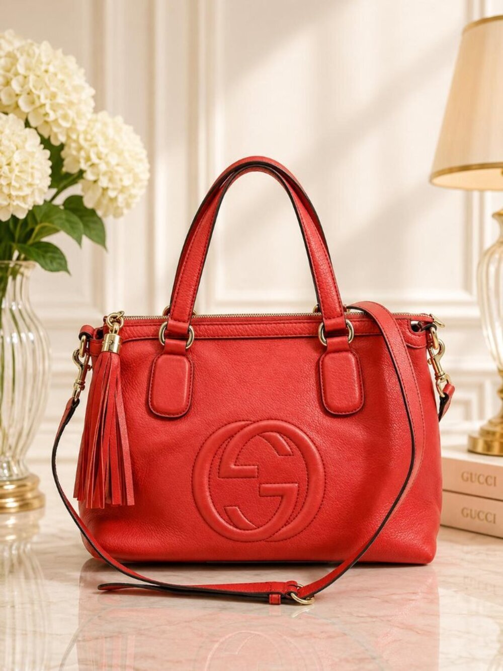 Authentic Gucci Soho Leather Tote Bag Red Shoulder Luxury Designer Bag